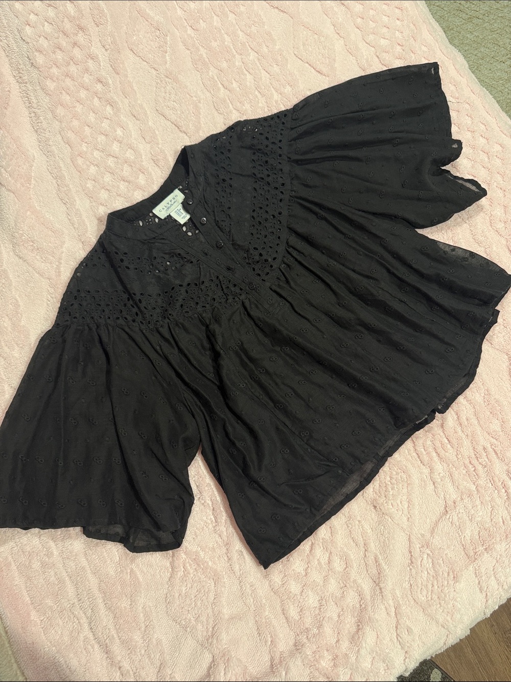Calypso St. Barth Black Eyelet Flutter-Sleeve Blouse